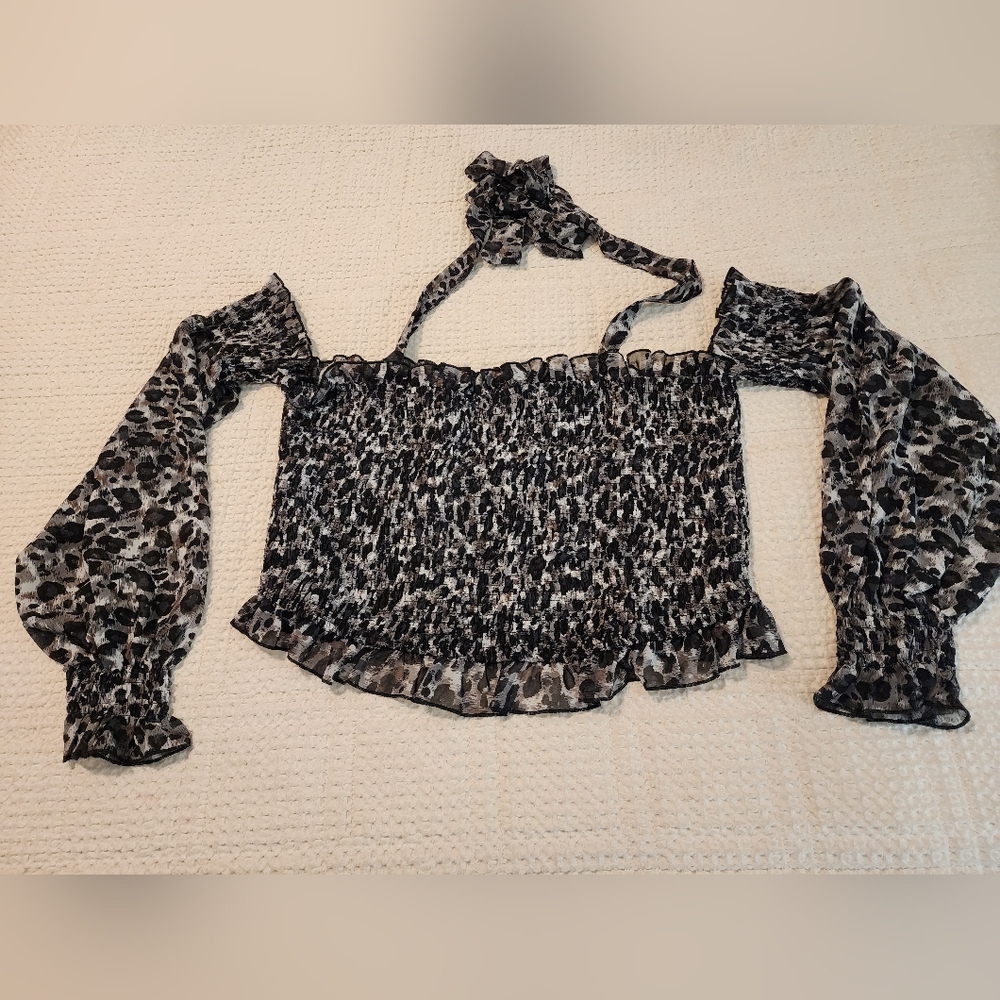 Soncy Smocked Off-Shoulder Leopard Print Top W/ Sleeves 18/20 NWT Coquette Sexy